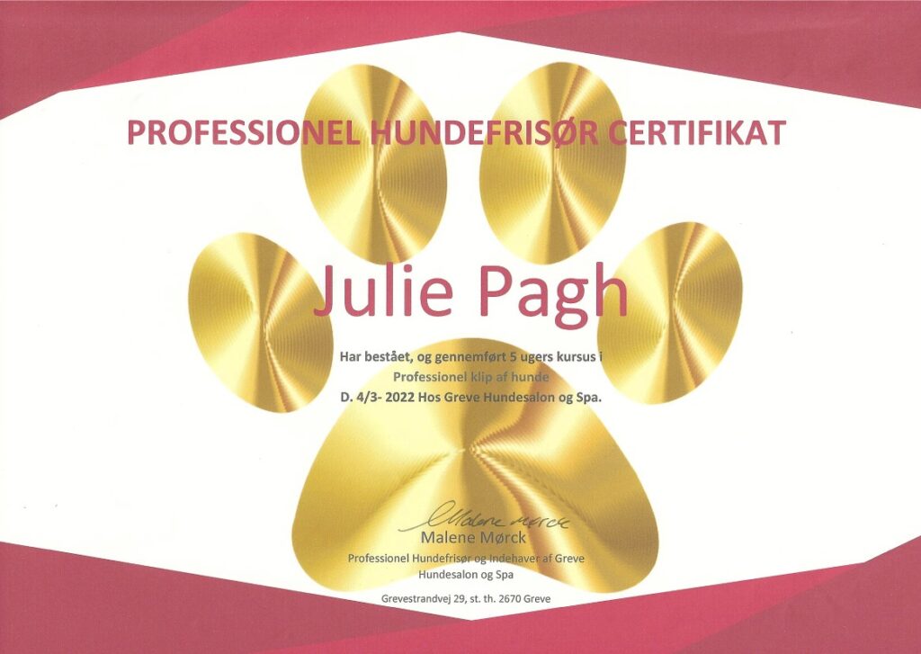 Proffesionel Hundefrisør Certifikat - Julieshundeklip